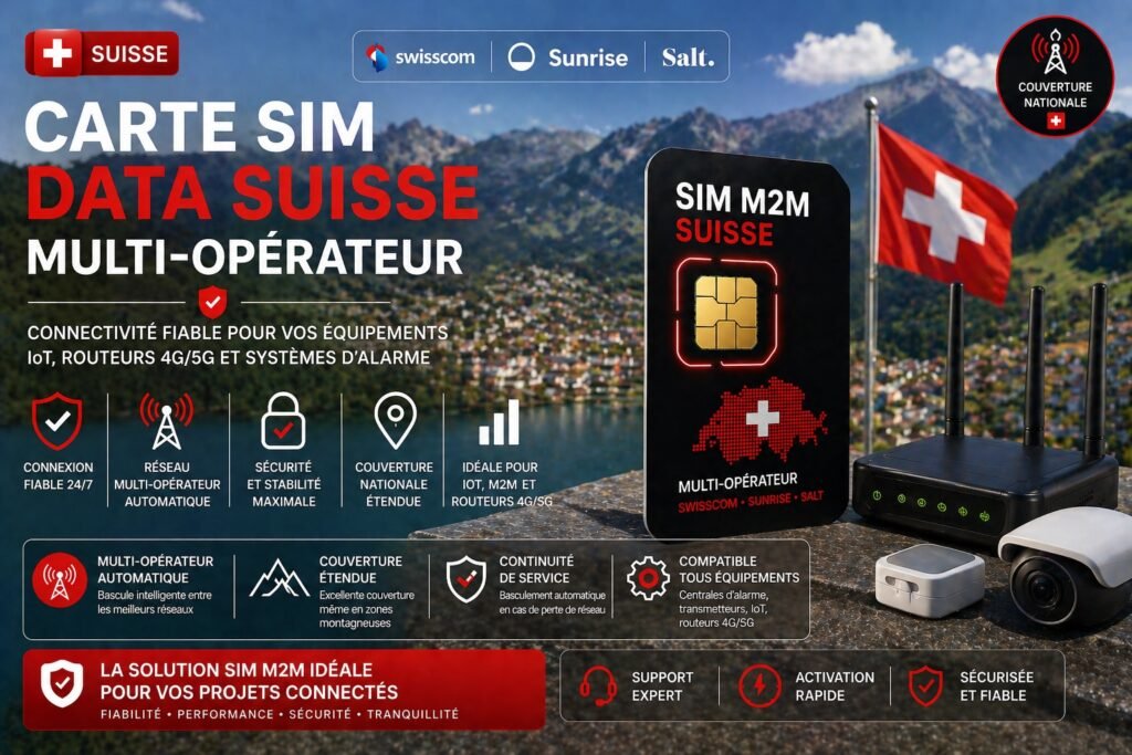 Carte SIM data Suisse multi-opérateur pour IoT, alarme et routeur 4G 5G Carte SIM M2M Suisse multi opérateur pour IoT alarme et routeur 4G 5G Swisscom Sunrise Salt connexion fiable couverture nationale