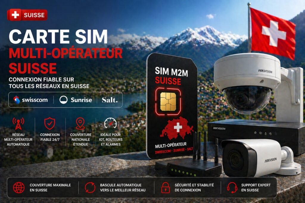 Carte SIM M2M Suisse multi opérateur pour caméra de surveillance 4G 5G type Hikvision Swisscom Sunrise Salt connexion fiable et sécurisée
