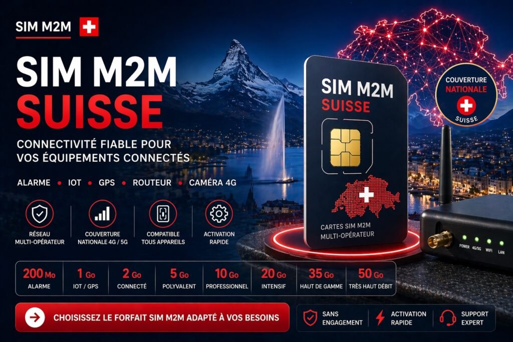 Forfaits SIM M2M Suisse – Connectivité fiable multi-opérateur 4G/5G forfaits sim m2m suisse multi operateur swisscom sunrise salt iot gps alarme routeur 4g 5g connexion fiable